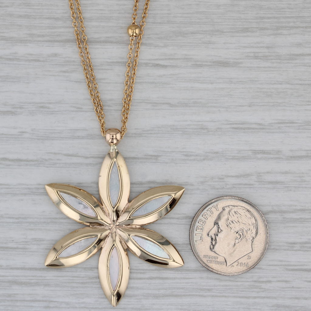 Gray Mother of Pearl Flower Pendant Bead Station Necklace 14k Yellow Gold 16.75"