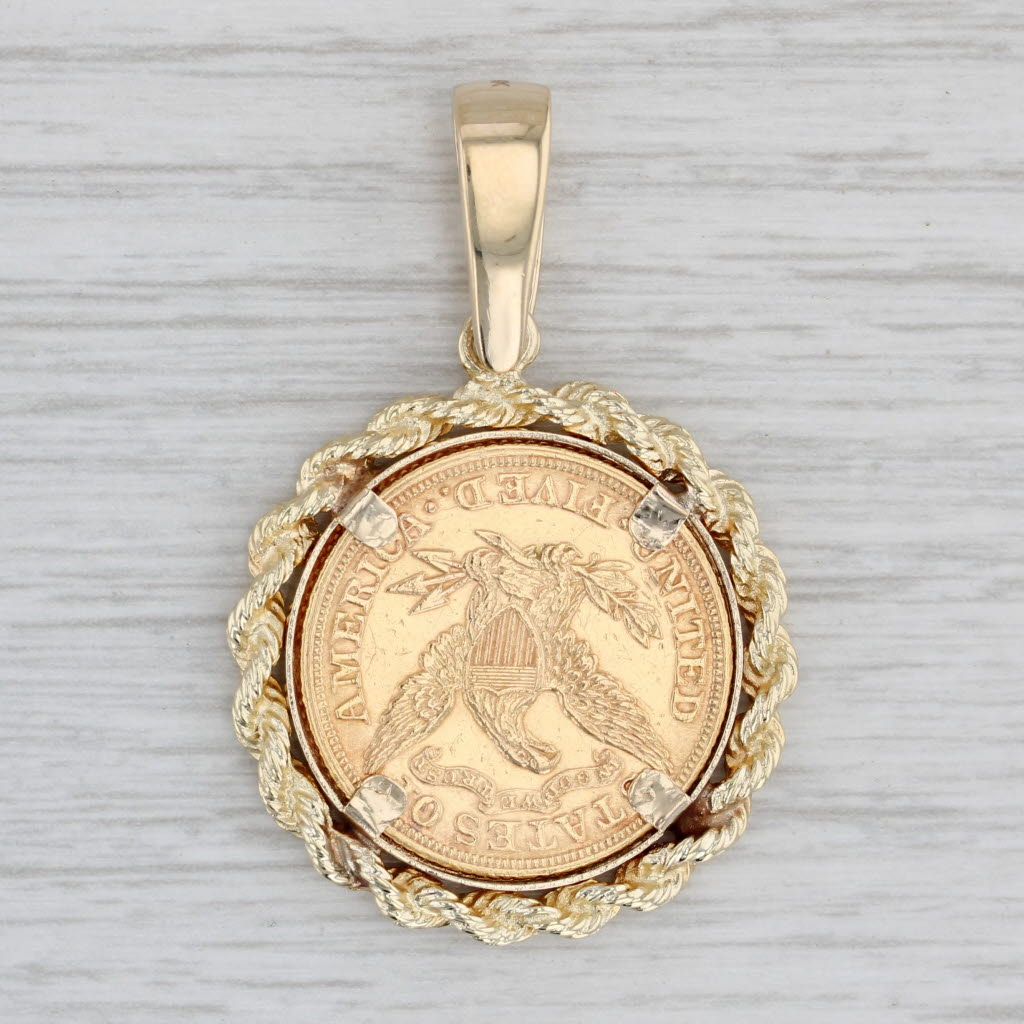 Gray Authentic 1880 Liberty Head 5 Dollar Coin Pendant 14k 900 Gold