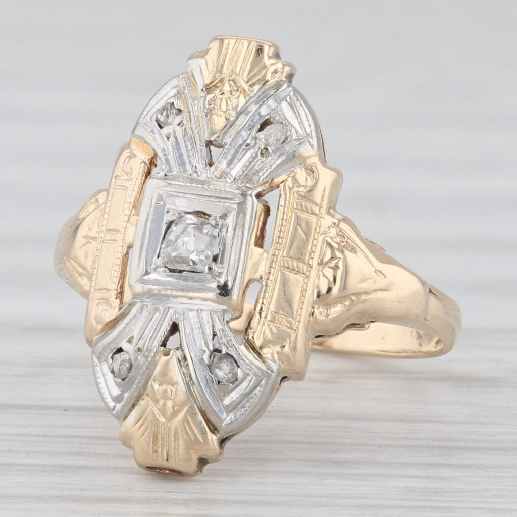 Light Gray Vintage Diamond Ring 14k Yellow White Gold Size 3.5