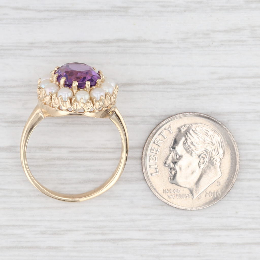 Light Gray Vintage 2.50ct Amethyst Cultured Pearl Halo Ring 14k Yellow Gold Size 7