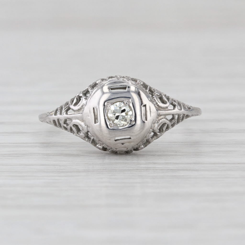 Art Deco Diamond Solitaire Ring 18k White Gold Size 7 Vintage Filigree