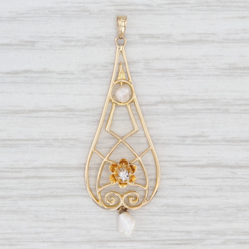 Light Gray Art Deco Baroque Pearl Diamond Lavalier Pendant 10k Yellow Gold Ornate Teardrop
