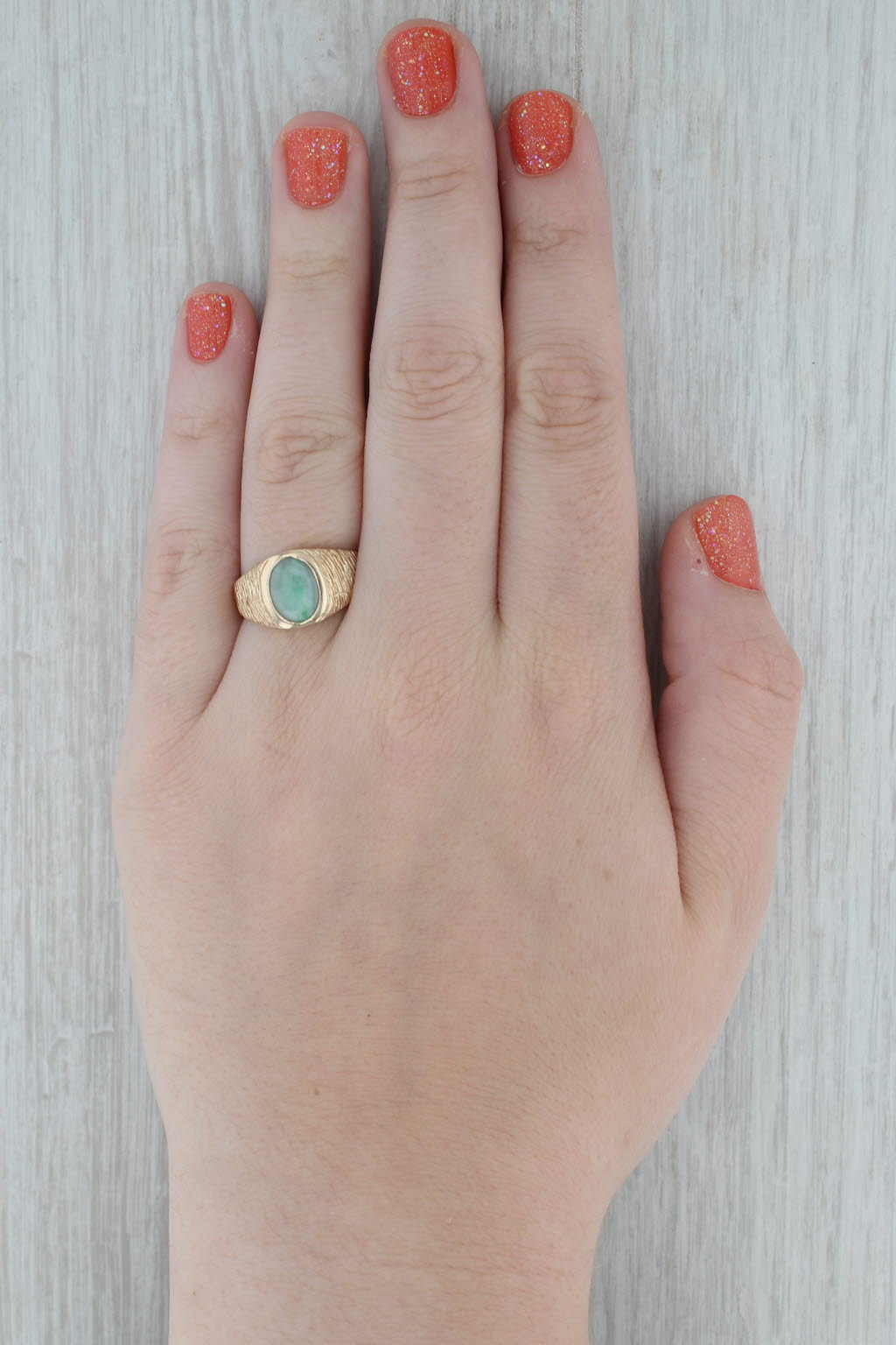 Dark Gray Green Jadeite Jade Solitaire Ring 14k Yellow Gold Size 9-9.25 Woodgrain Band