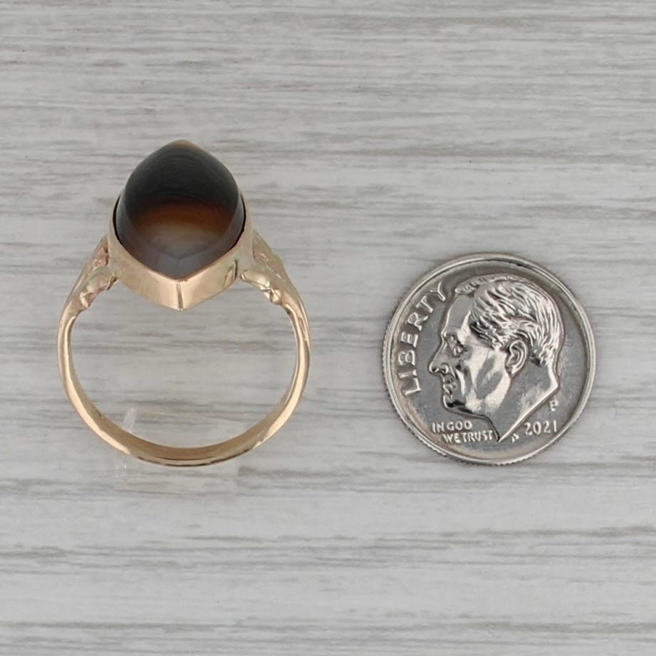 Vintage Chalcedony Agate Navette Solitaire Ring 10k Yellow Gold Size 8.5