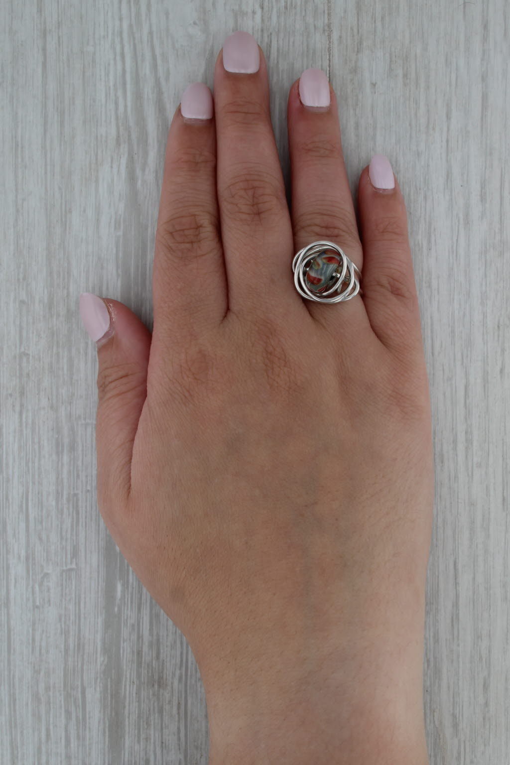 Glass Donut Bead Knot Ring Sterling Silver 925 Statement Size 7