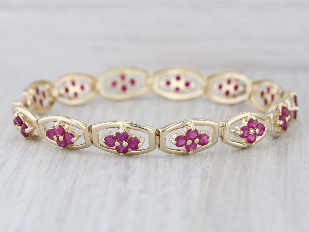 4ctw Ruby Flower Tennis Bracelet 14k Yellow Gold 7.25" 7.5mm