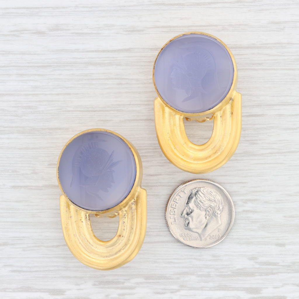 Light Gray Mark Spirito Chalcedony Cameo Earrings Gold Plated Sterling Silver Clip On