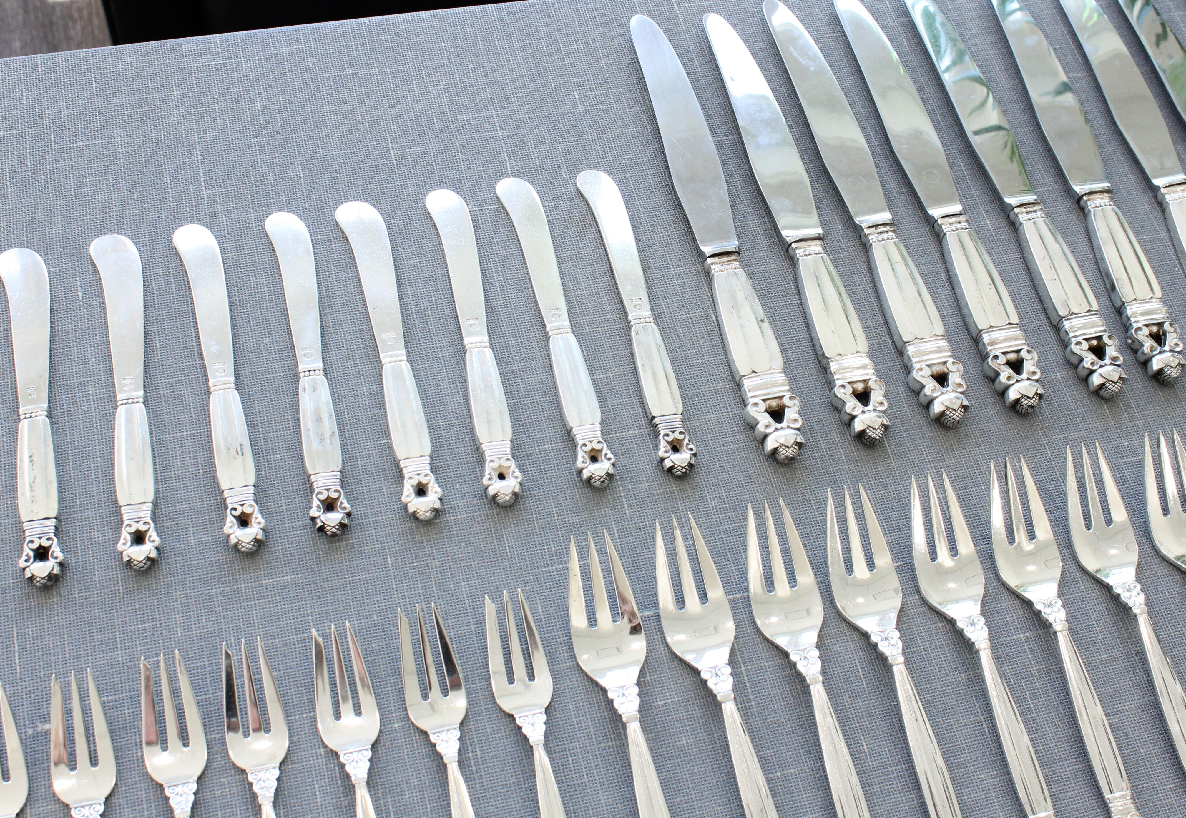 Dark Gray Georg Jensen Acorn Sterling Silver Flatware Set 10pc Service of 8 Danish Cutlery