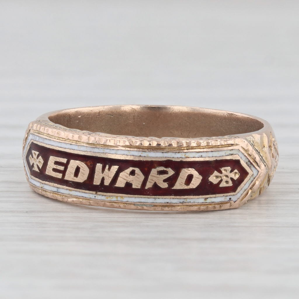 Light Gray Antique Name Cigar Band Style Ring 10k Yellow Gold Enamel Size 8.75 Edward