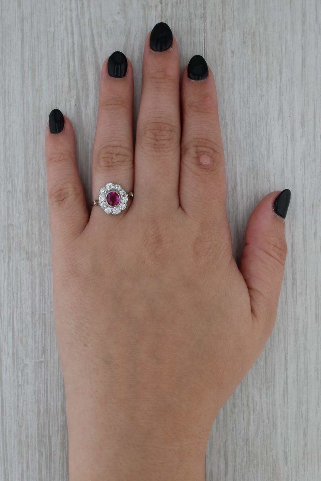 Antique 1.61ctw Ruby Diamond Halo Ring Platinum Size 8.25 GIA Engagement