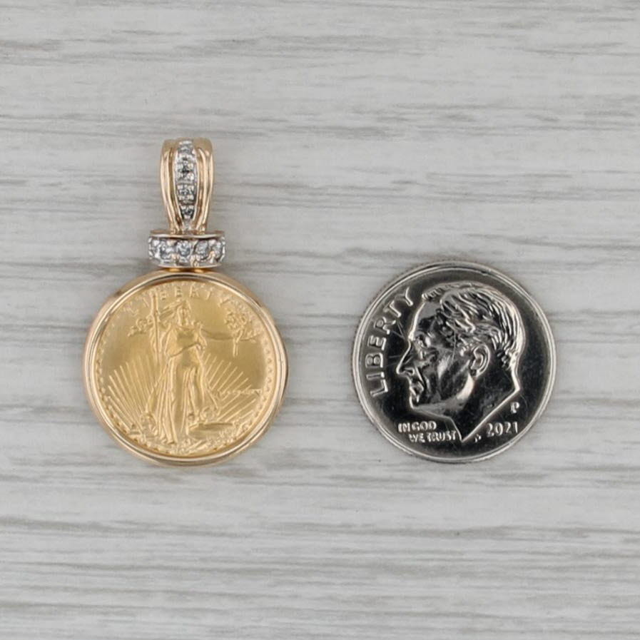 1986 American Gold Eagle Coin Pendant 14k 22k Gold Diamonds 1/10oz $5 AGE
