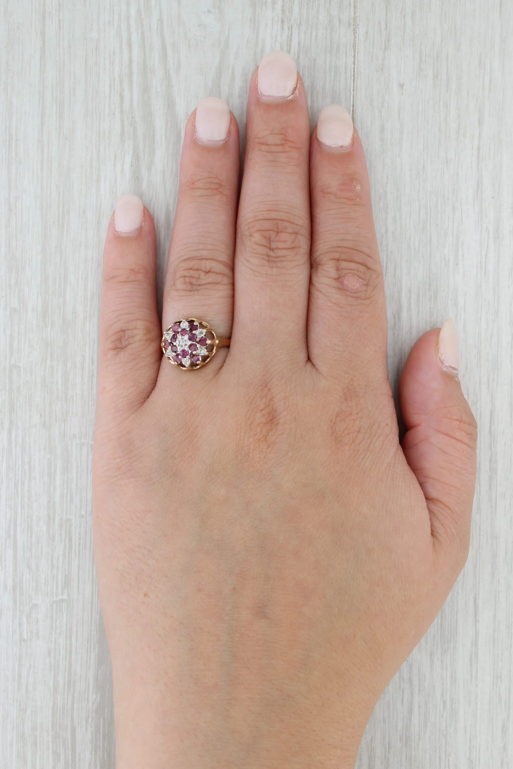 Vintage 0.64ctw Ruby Diamond Cluster Flower Ring 9k Yellow Gold Size 6.5