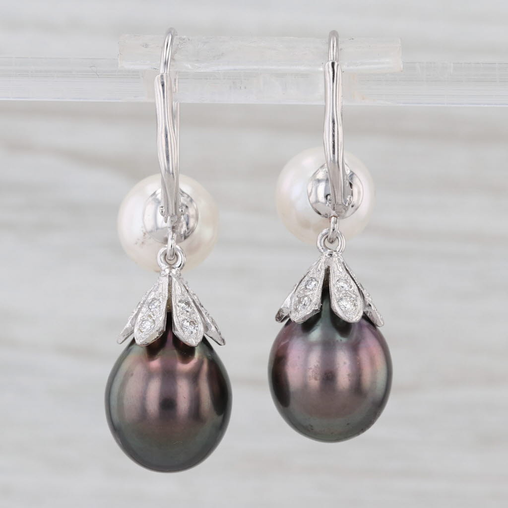 New Black White Cultured Pearl Diamond Dangle Earrings Sterling Silver Drops