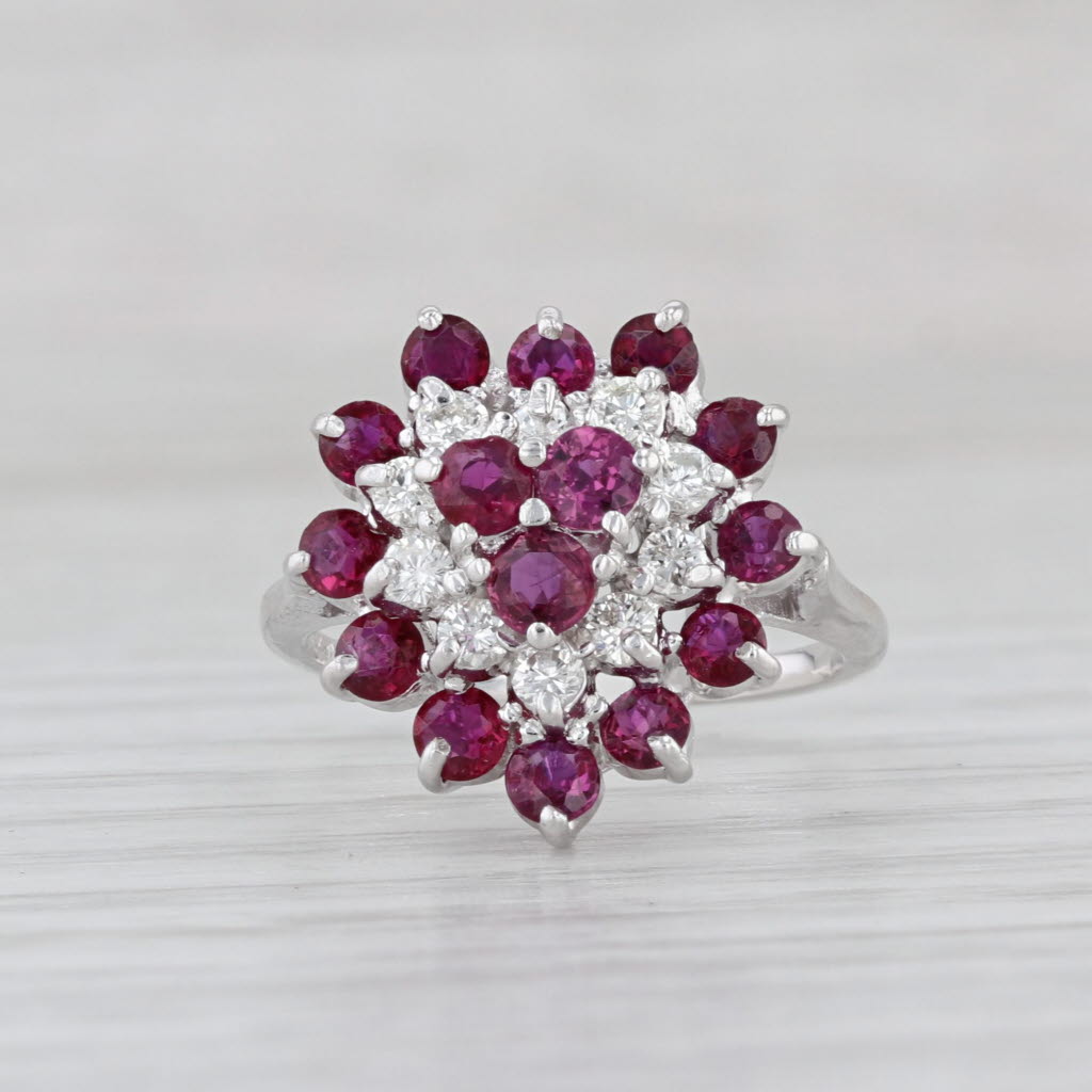 1.20ctw Ruby Diamond Cluster Flower Ring 14k White Gold Size 4
