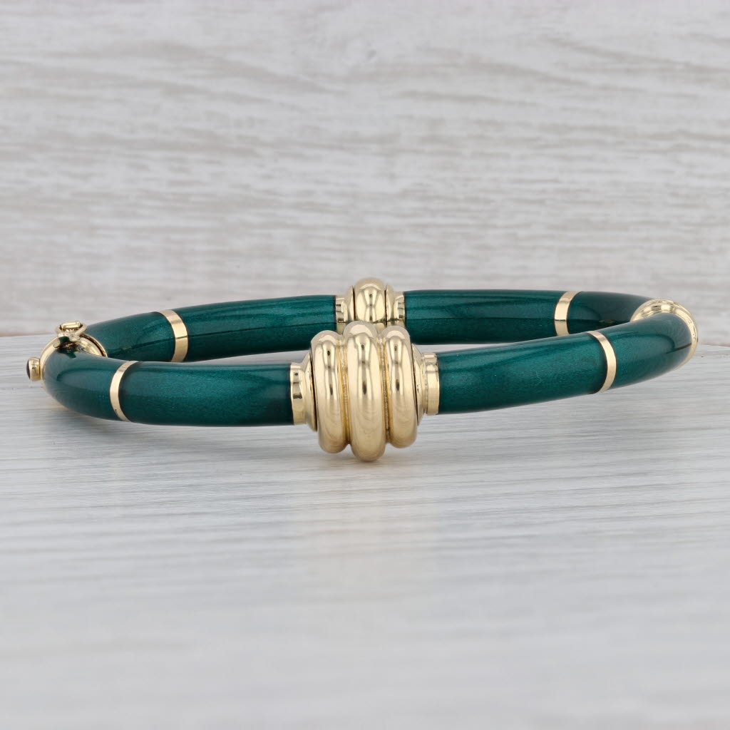Gray Green Resin Bangle Bracelet 18k Yellow Gold Statement 7"