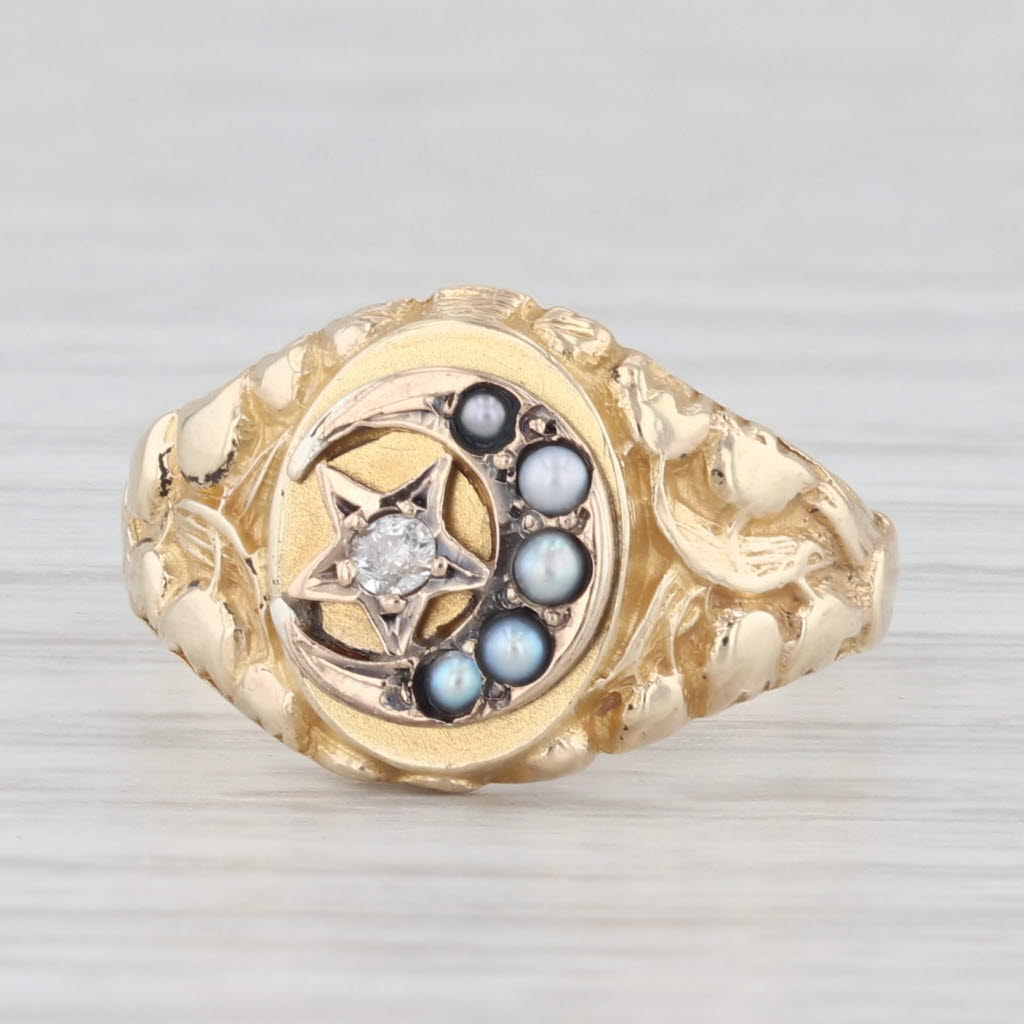 Light Gray Antique Diamond Star Pearl Crescent Moon Ring 10k Gold Size 4.25 Signet