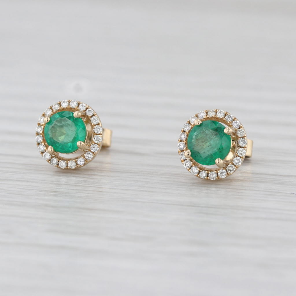 0.88ctw Emerald Diamond Halo Stud Earrings 14k Yellow Gold Round Studs