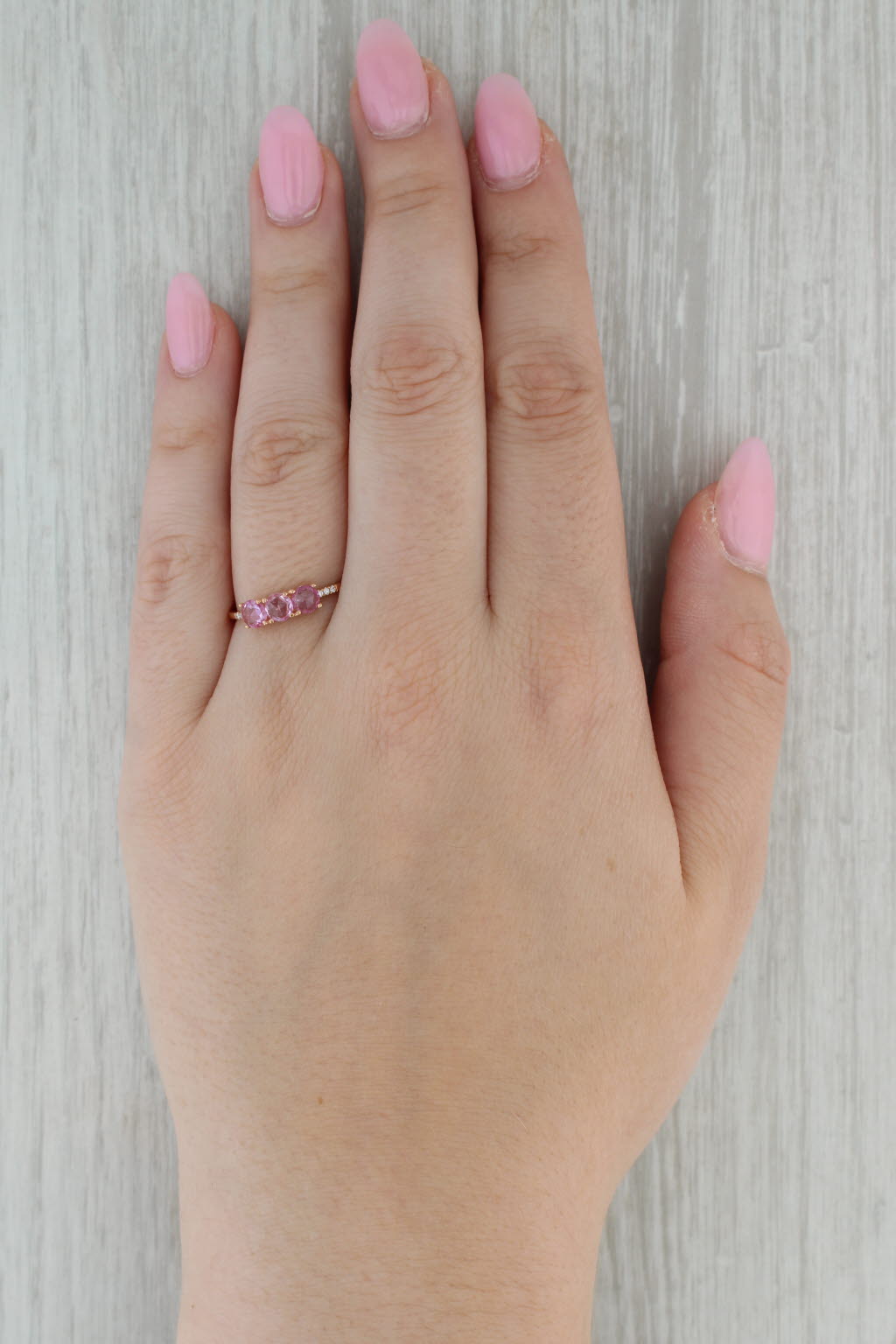 Dark Gray 0.96ctw Pink Sapphire 3-Stone Ring 14k Rose Gold Diamond Accents Size 8.5