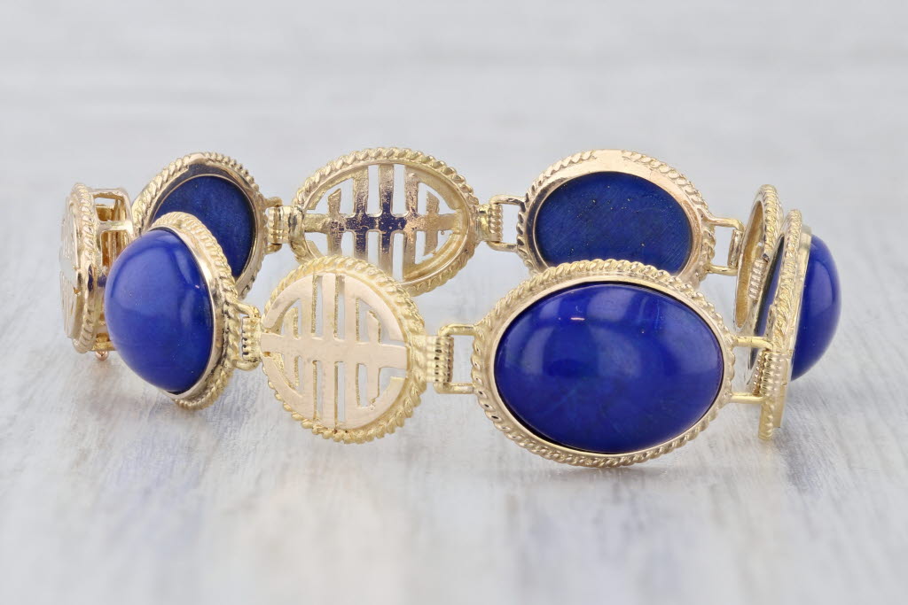 Lapis Lazuli Cabochon Oval Link Bracelet 14k Yellow Gold 6.75" 12.2mm