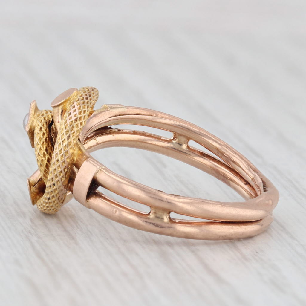 Light Gray Antique Coiled Knot Snake Ring 14k 10k Gold Imitation Pearls size 7.5