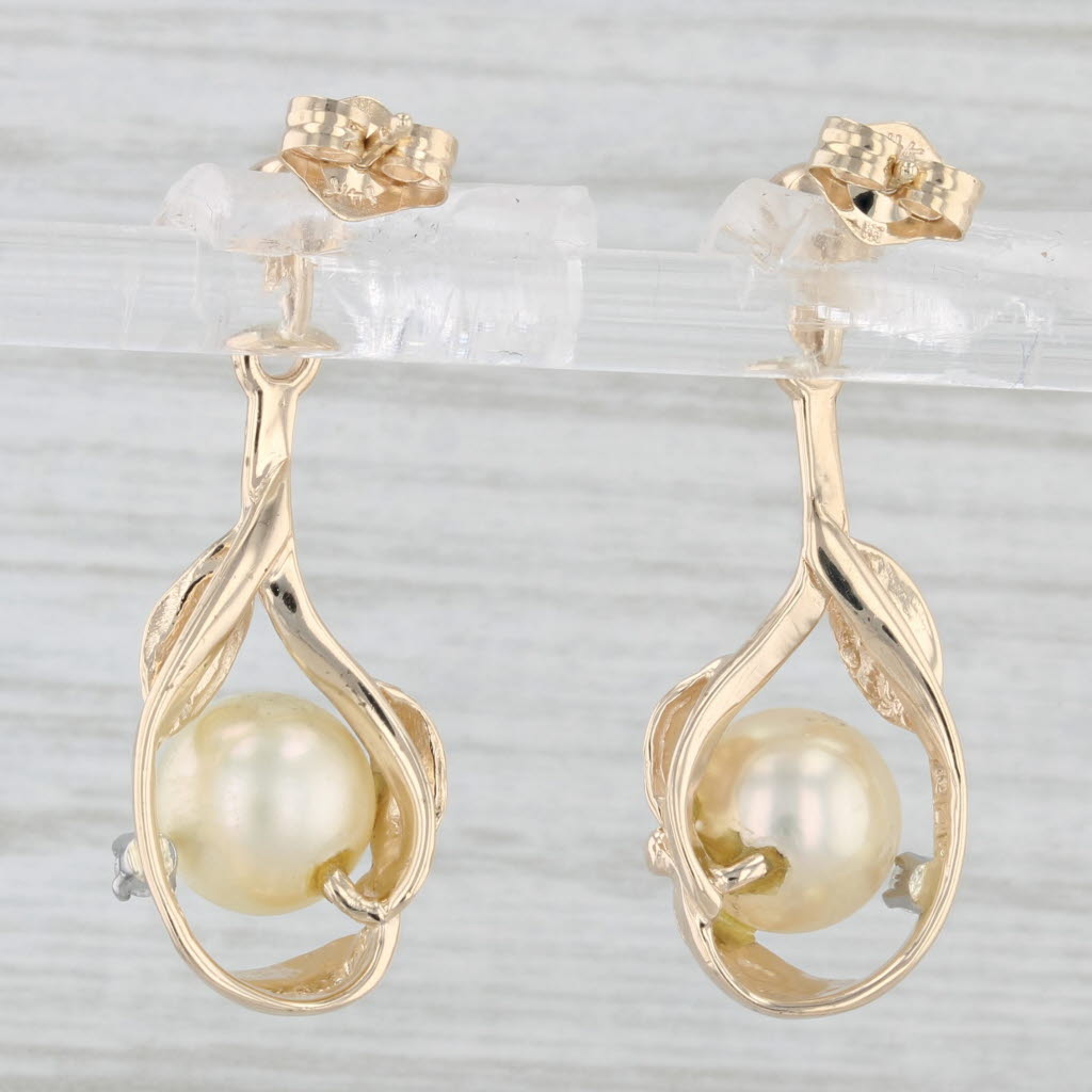 Light Gray Cultured Pearl Diamond Dangle Earrings 14k Yellow Gold