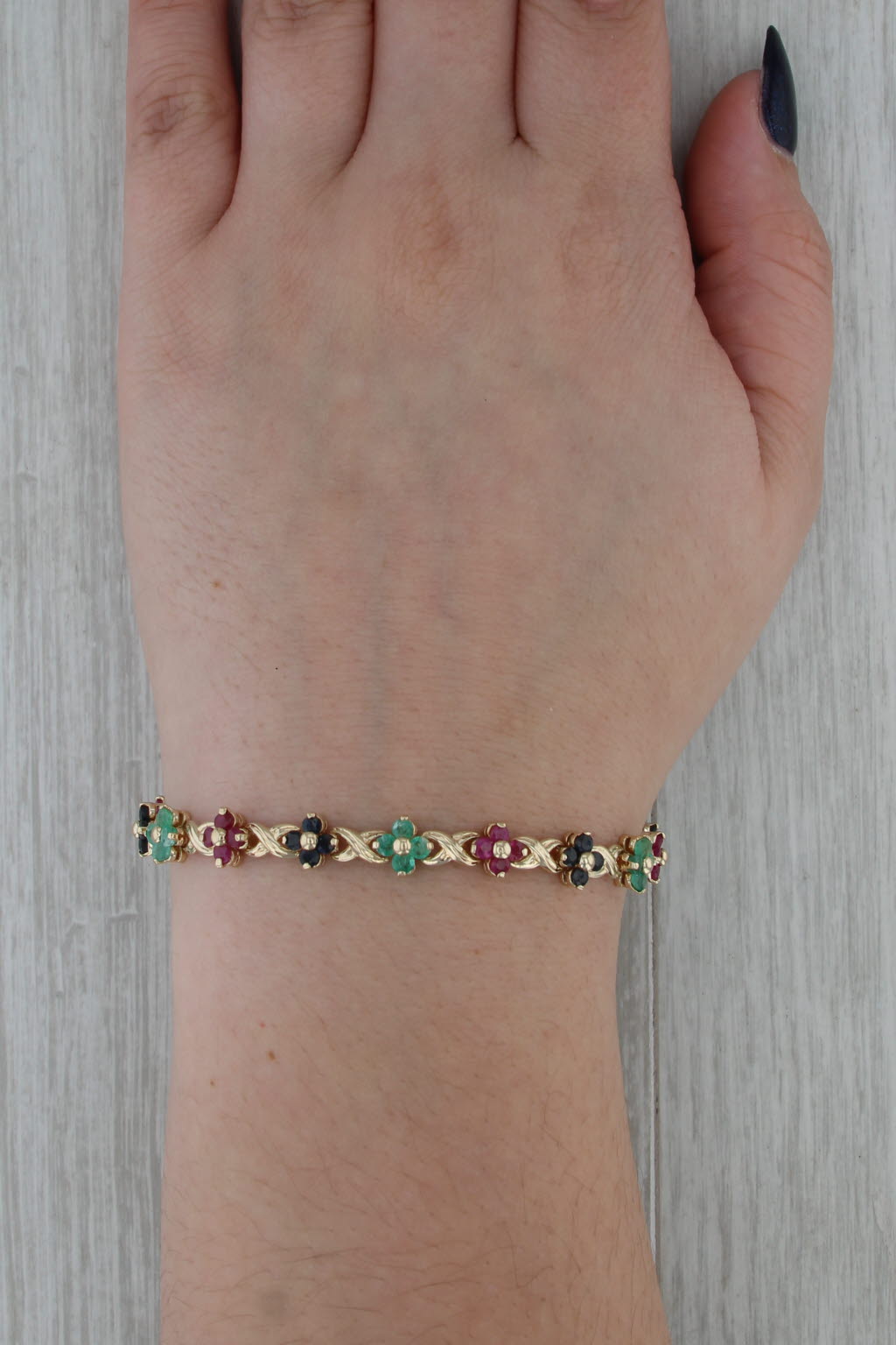 4.84ctw Ruby Sapphire Emerald Flower Tennis Bracelet 14k Yellow Gold 7"