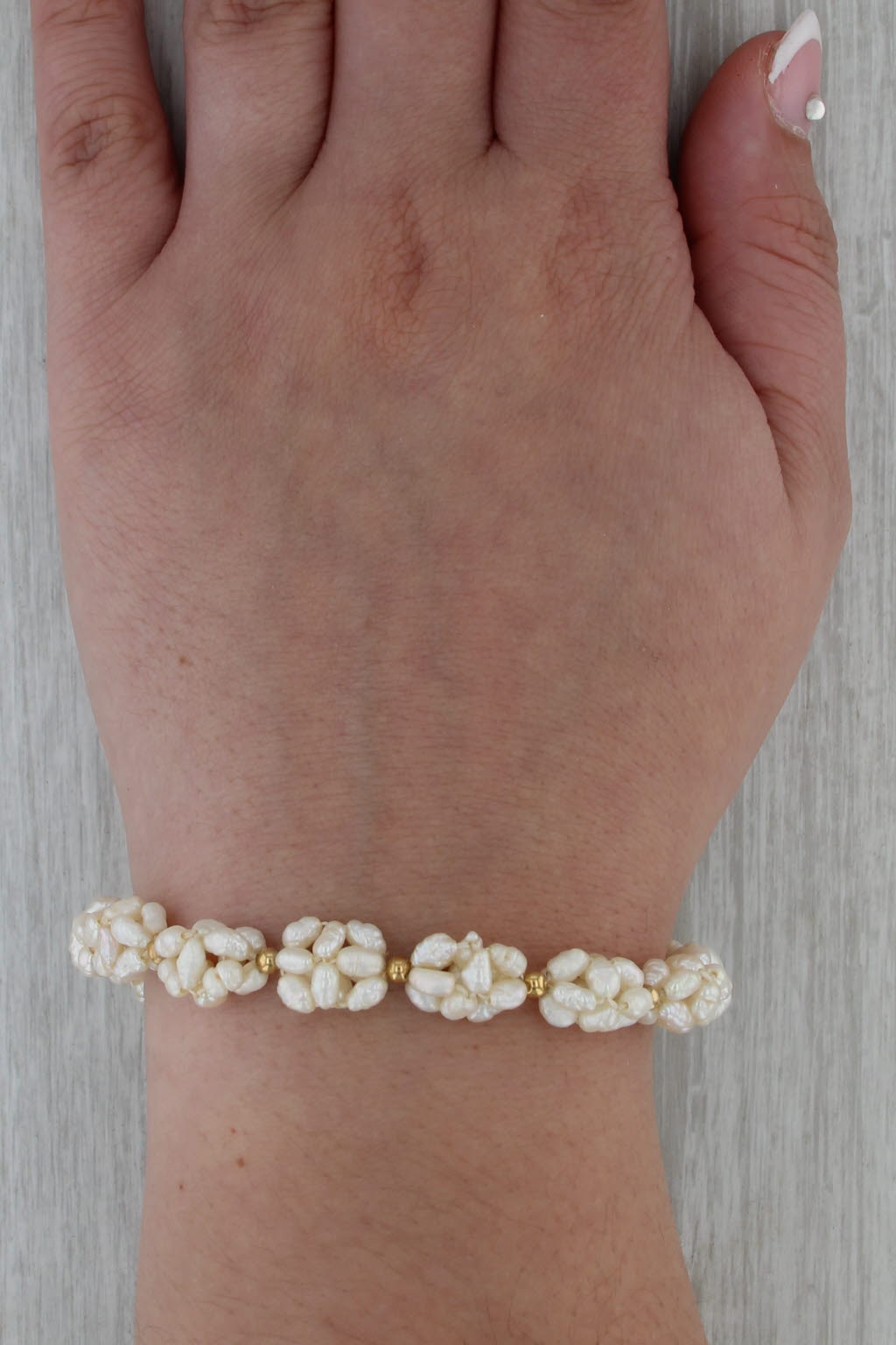 Cultured Freshwater Rice Krispie Pearl Clusters Strand Bracelet 14k Gold 7"