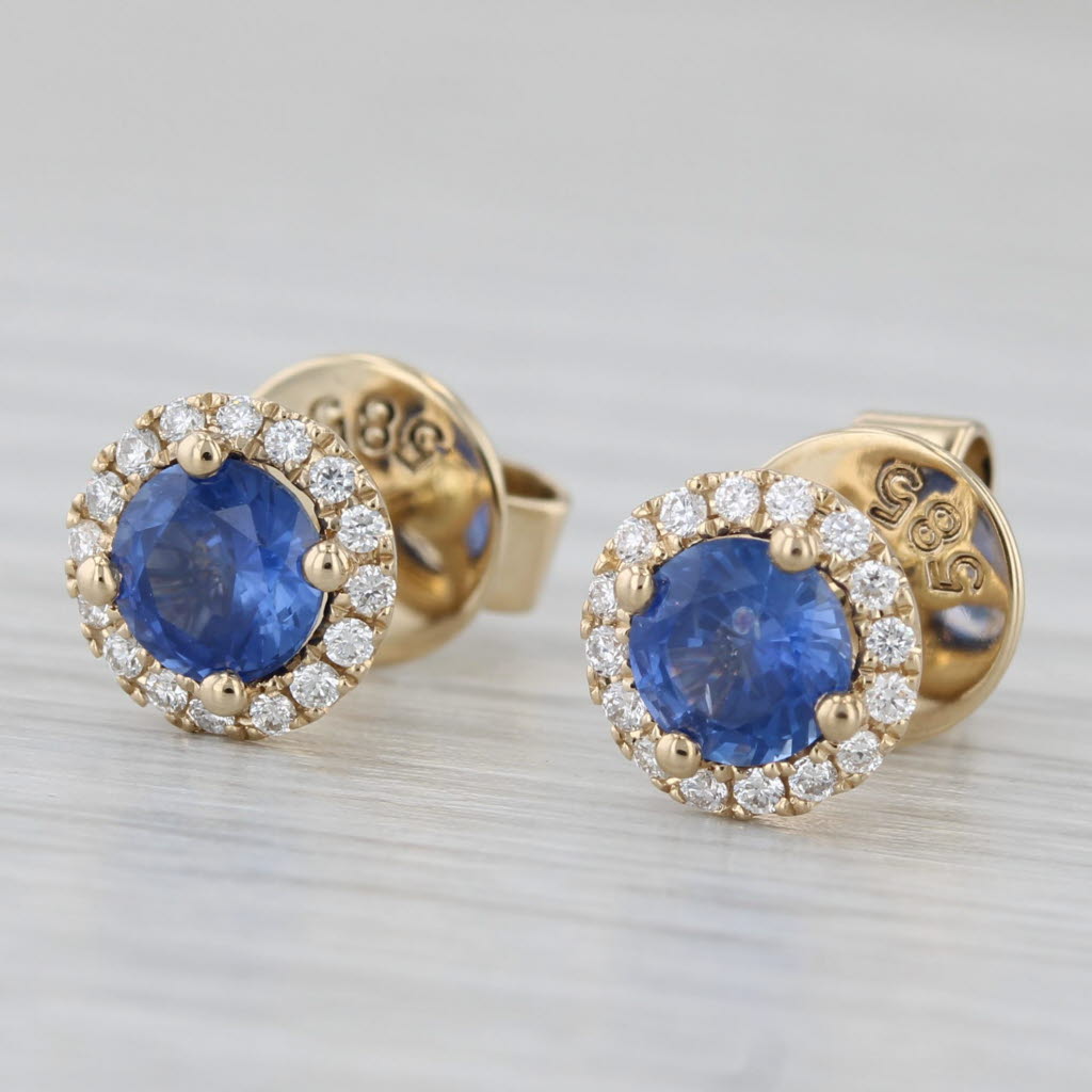Light Gray 1.30ctw Blue Sapphire Diamond Halo Stud Earrings 14k Yellow Gold Screw Back