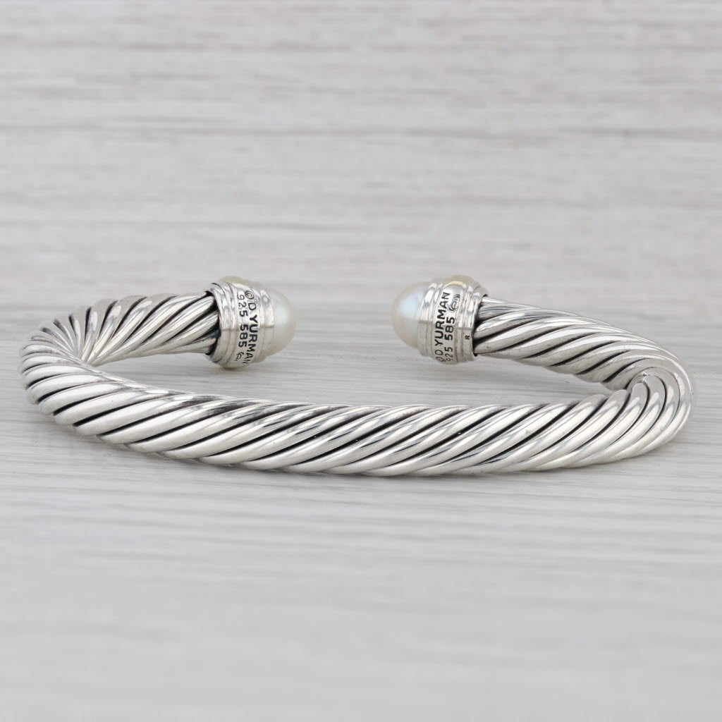 Gray David Yurman Cultured Pearl Classic Cable Cuff Bracelet Sterling Silver 7mm 7"