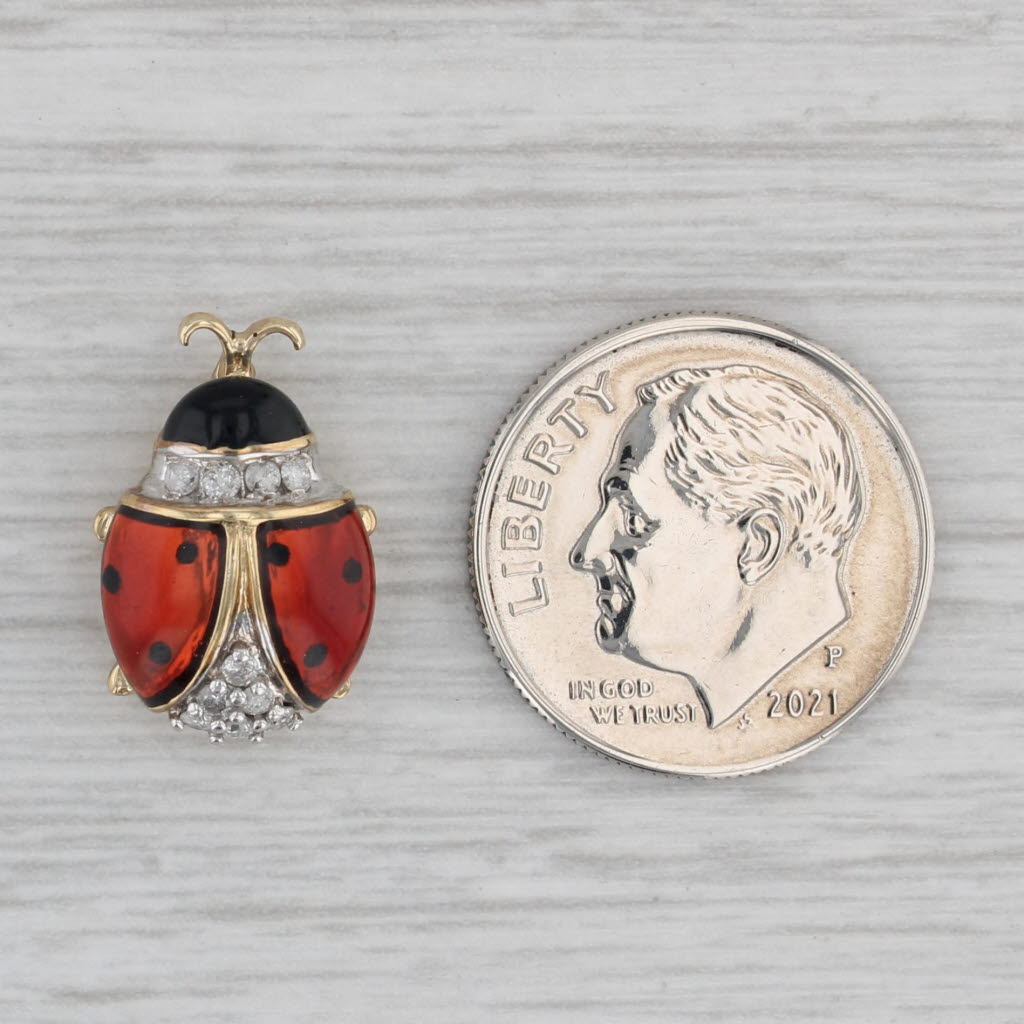 Gray Diamond Accented Ladybug Pendant 10k Yellow Gold Enamel Small Drop