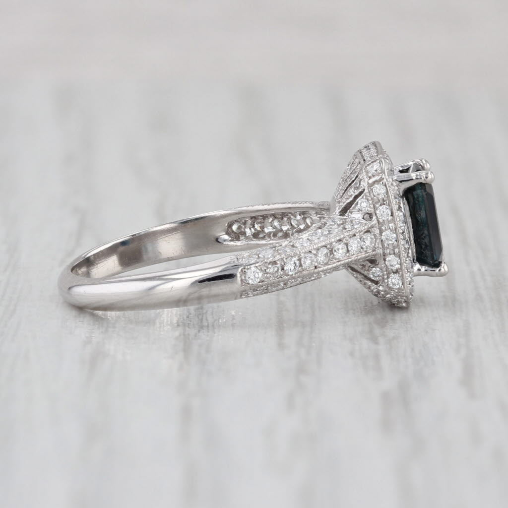 1.58ctw Blue Sapphire Diamond Halo Ring 18k White Gold Size 6.5 Engagement