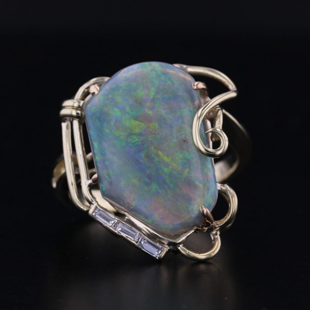 Multicolor Freeform Opal Diamond Abstract Ring 14k Yellow Gold Size 5.5 Cocktail