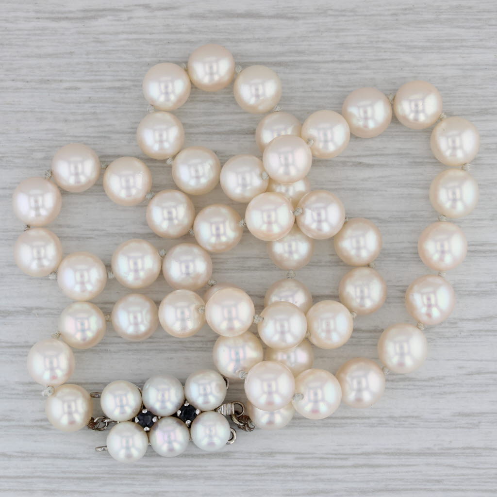 Gray Cultured Pearl Single Strand Necklace Sapphire Accents 14k Gold 17.25"