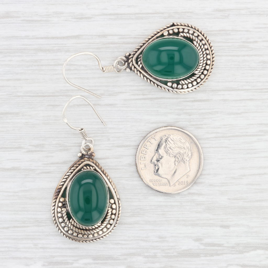Lavender Vintage Green Chalcedony Teardrop Dangle Earrings Sterling Silver Hook Posts