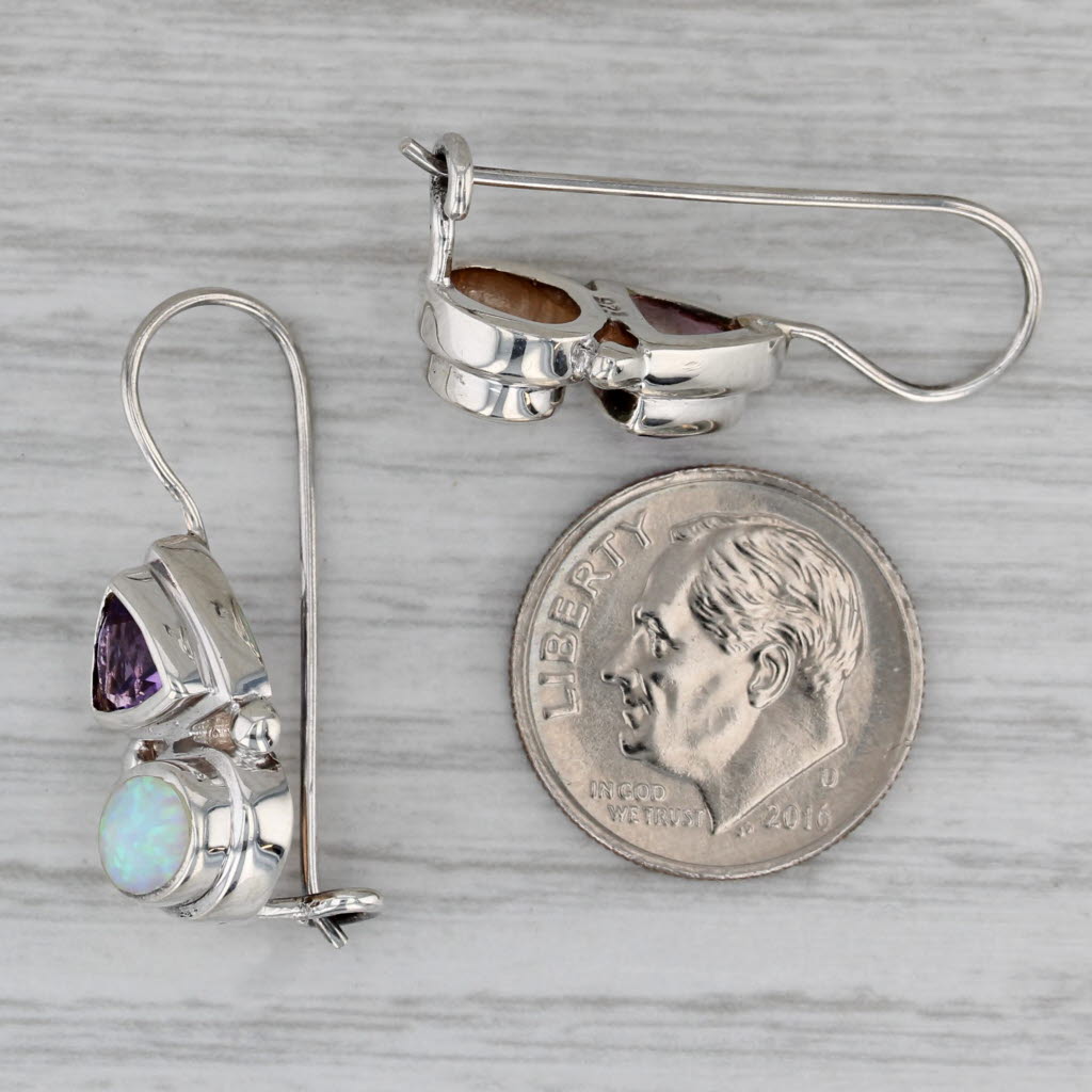 Dark Gray Amethyst Lab Created Opal Drop Earrings Sterling Silver Hook Posts