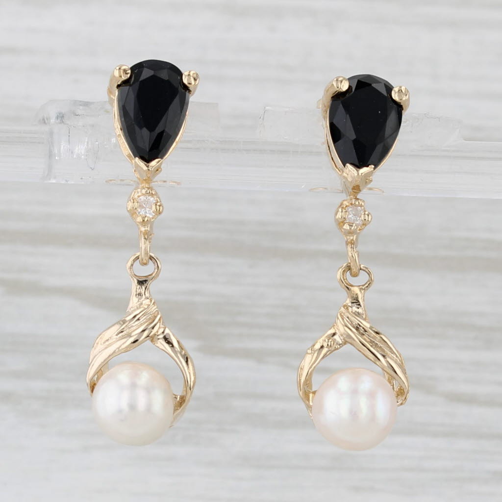 Light Gray Cultured Pearl Diamond Onyx Dangle Earrings 14k Yellow Gold Drops