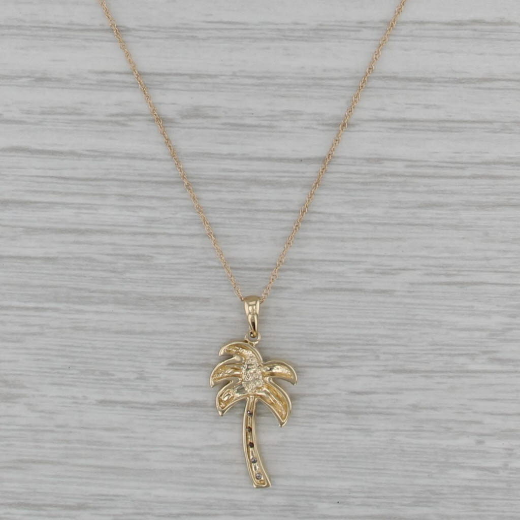 Diamond Palm Tree Pendant Necklace 14k Yellow Gold 18.25" Rope Chain