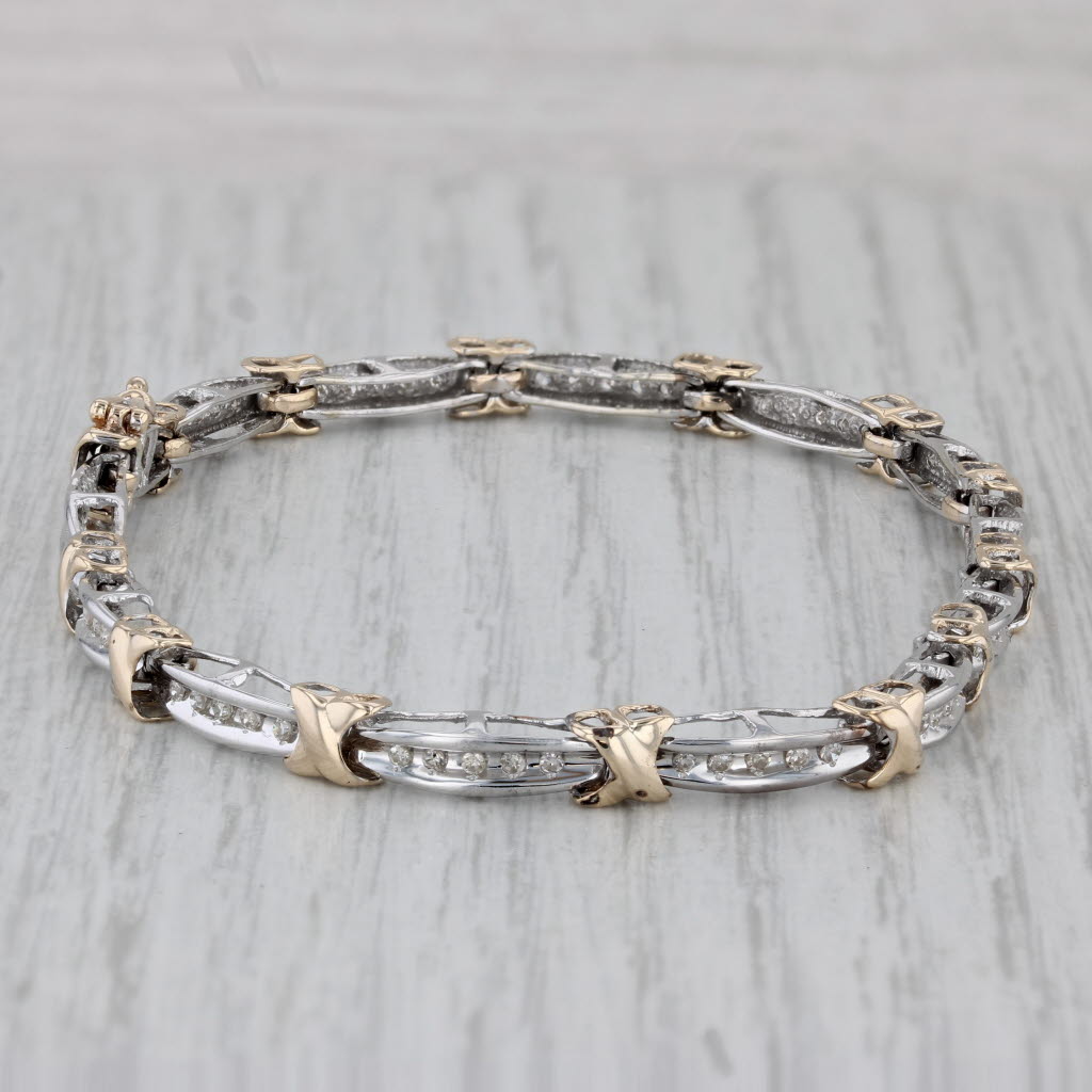 Gray 0.20ctw Diamond Bar X Link Bracelet 10k White Yellow Gold 7.25"