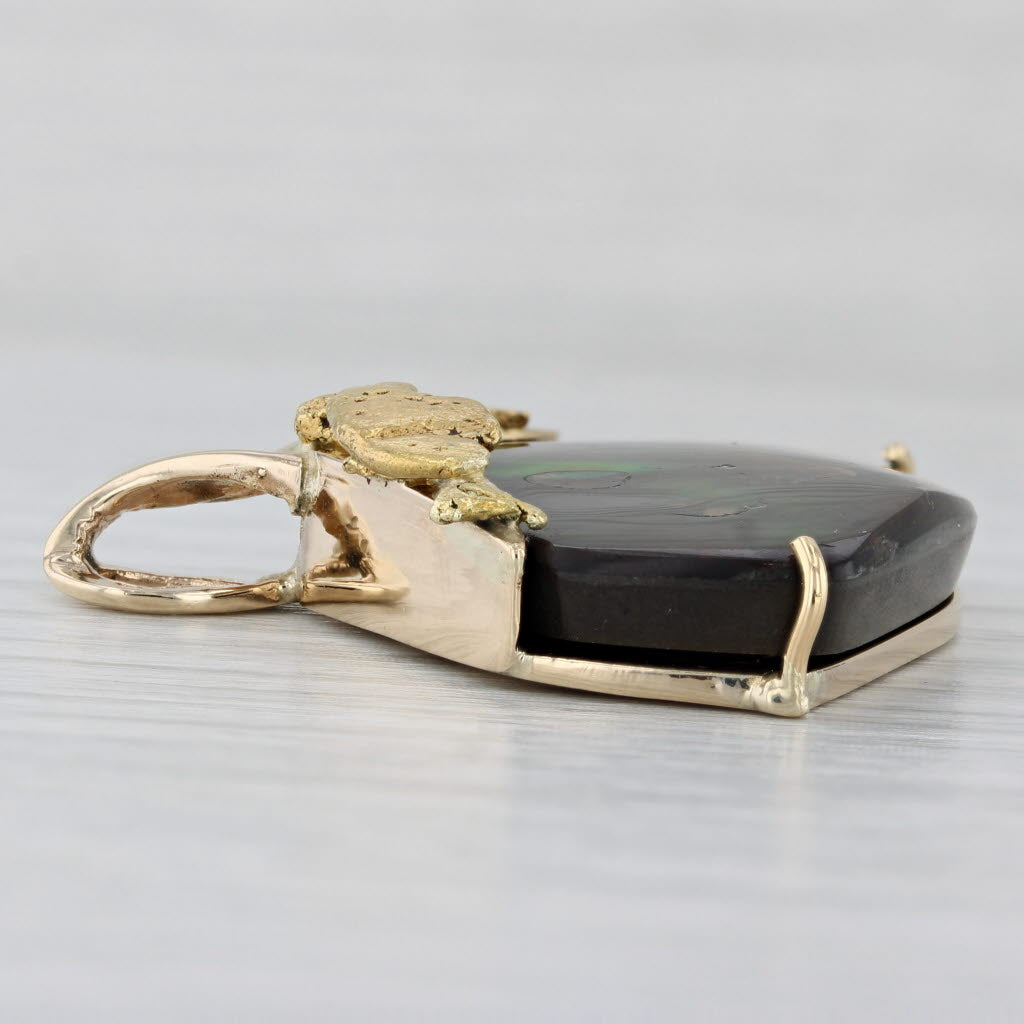 Light Gray Artisan Rainbow Ammolite Gold Nugget Statement Pendant 14k 22k Yellow Gold