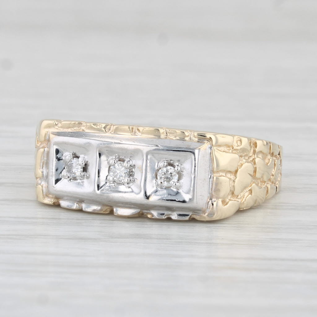 Light Gray Vintage Diamond 3-Stone Men's Ring Wedding 10k Gold Nugget Band Size 10.75