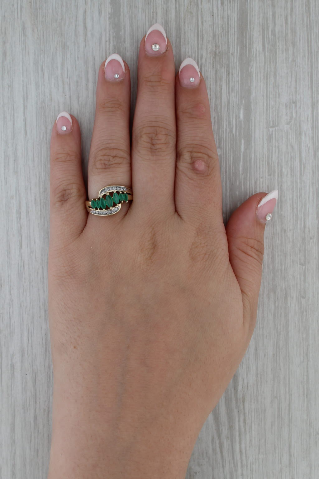 0.87ctw Tiered Emerald Diamond Bypass Ring 10k Yellow Gold Size 7
