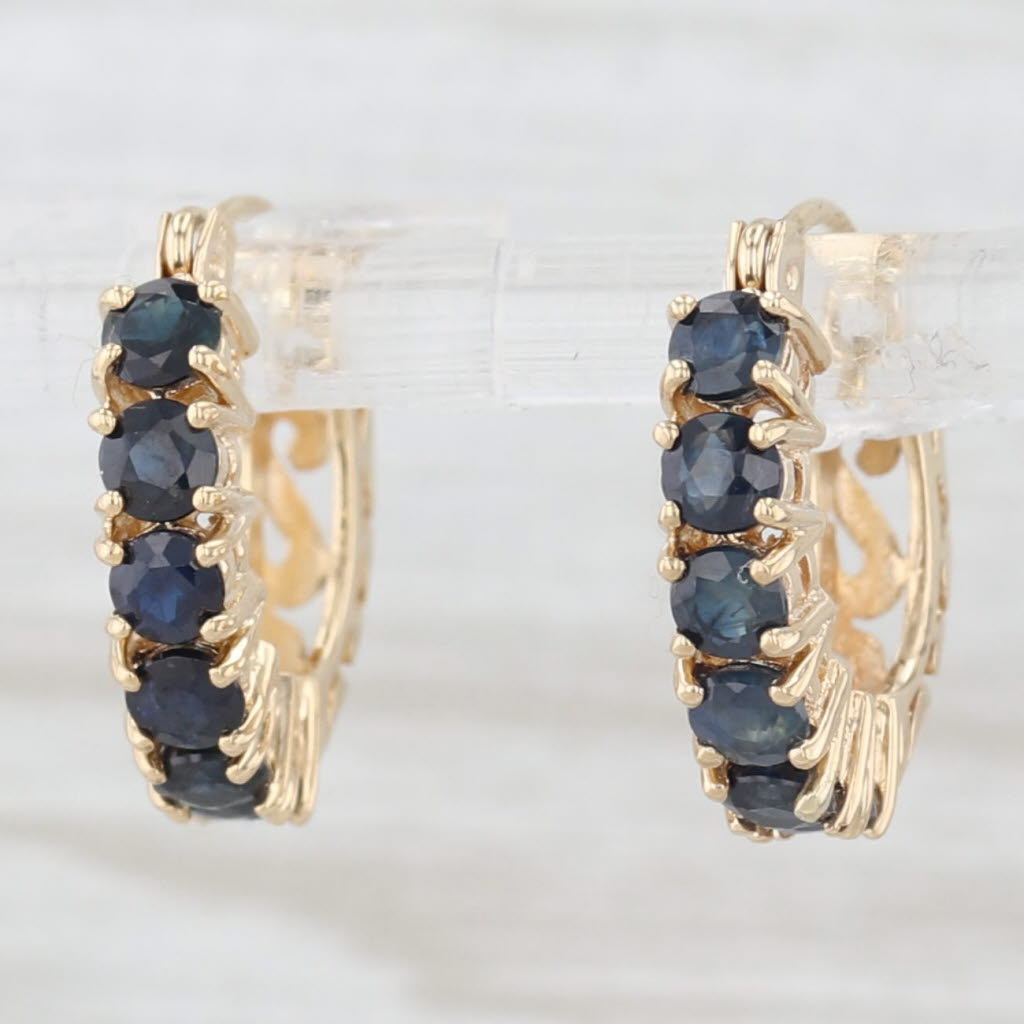 Light Gray 1.20ctw Blue Sapphire Hoop Earrings 14k Yellow Gold Snap Top Round Hoops