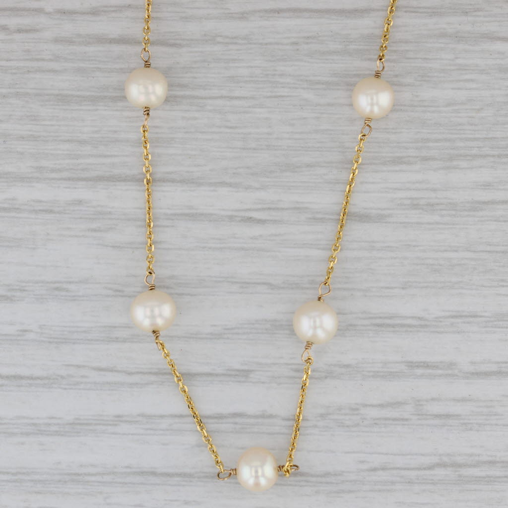 Gray Pearl Station Necklace 14k Yellow Gold 16" Cable Chain