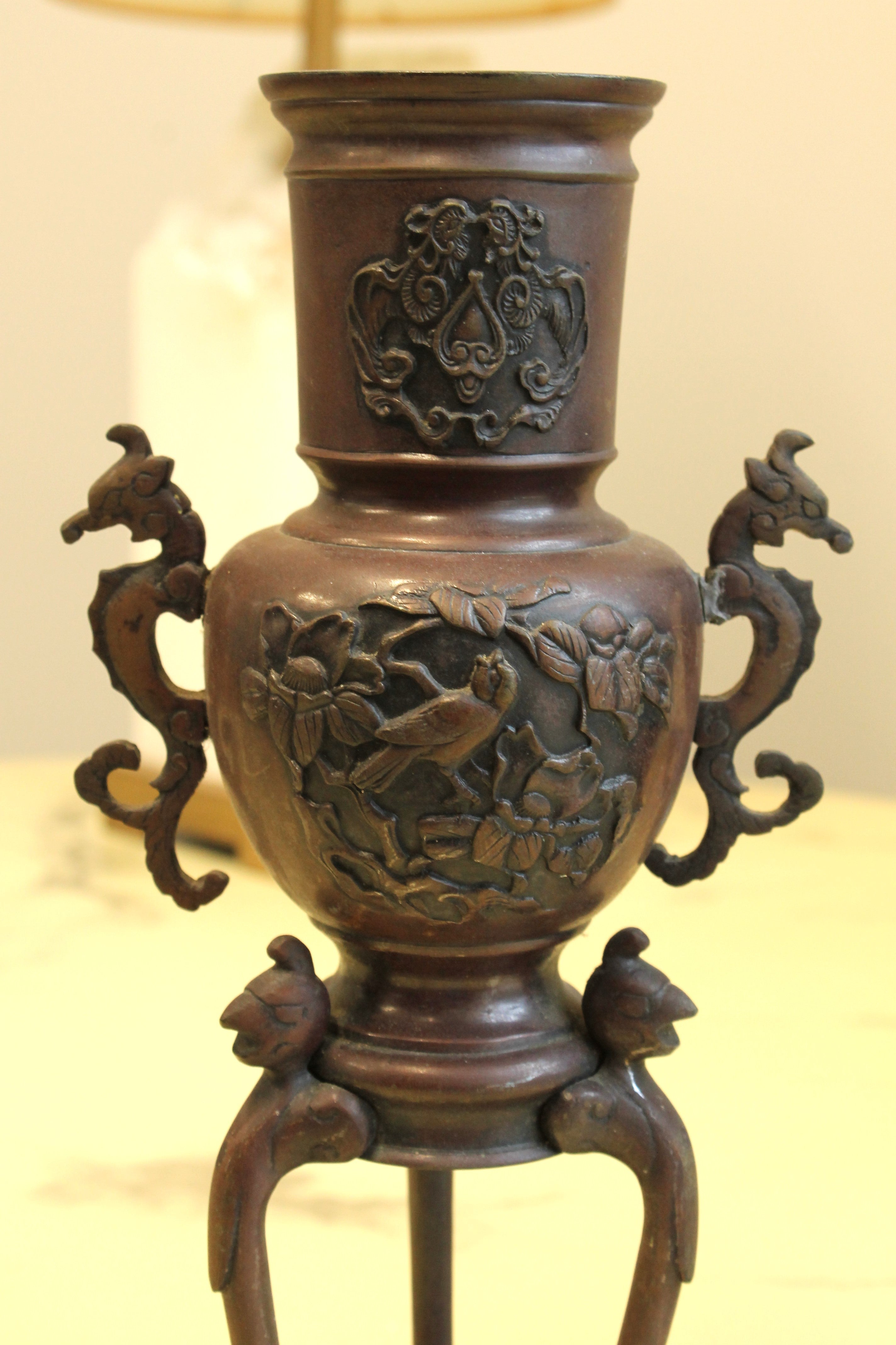 Antique Japanese Bronze Decorative Urns Pair 11" Bird Motif Seahorse Handles