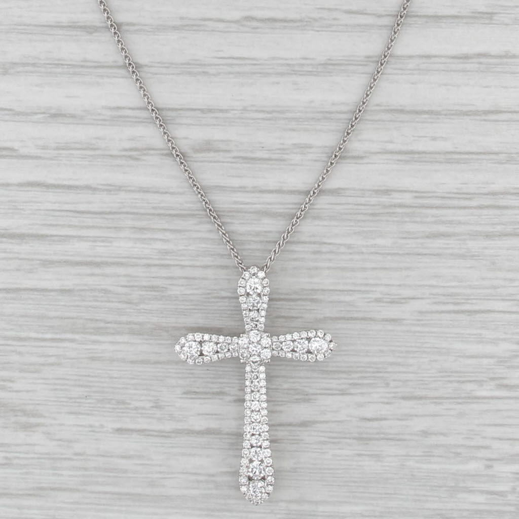 0.99ctw Diamond Cross Pendant Necklace 18k White Gold 17.75" Wheat Chain