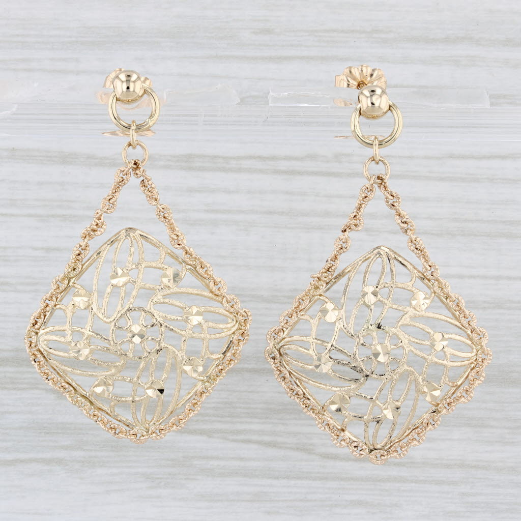 Light Gray Openwork Statement Dangle Earrings 14k Yellow Gold Drops