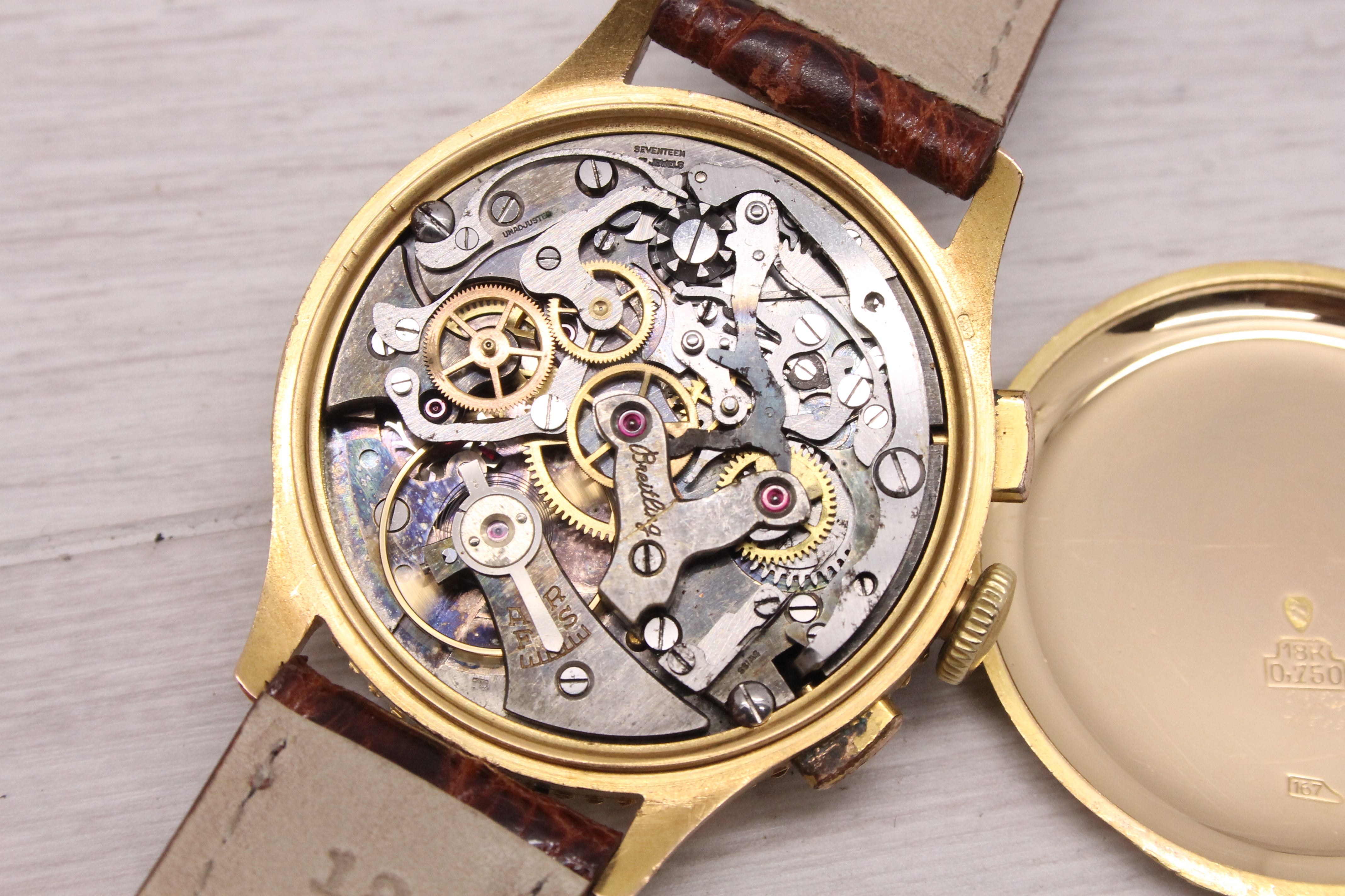 Gray Vintage c.1945 Breitling Chronomat 18k Pink Gold Mens Chronograph Watch ref.769