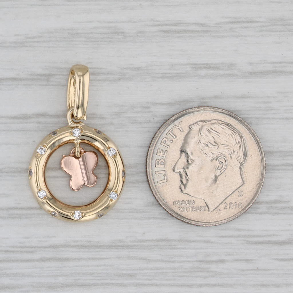 Gray Cubic Zirconia Floating Butterfly Circle Pendant 14k Yellow Rose Gold