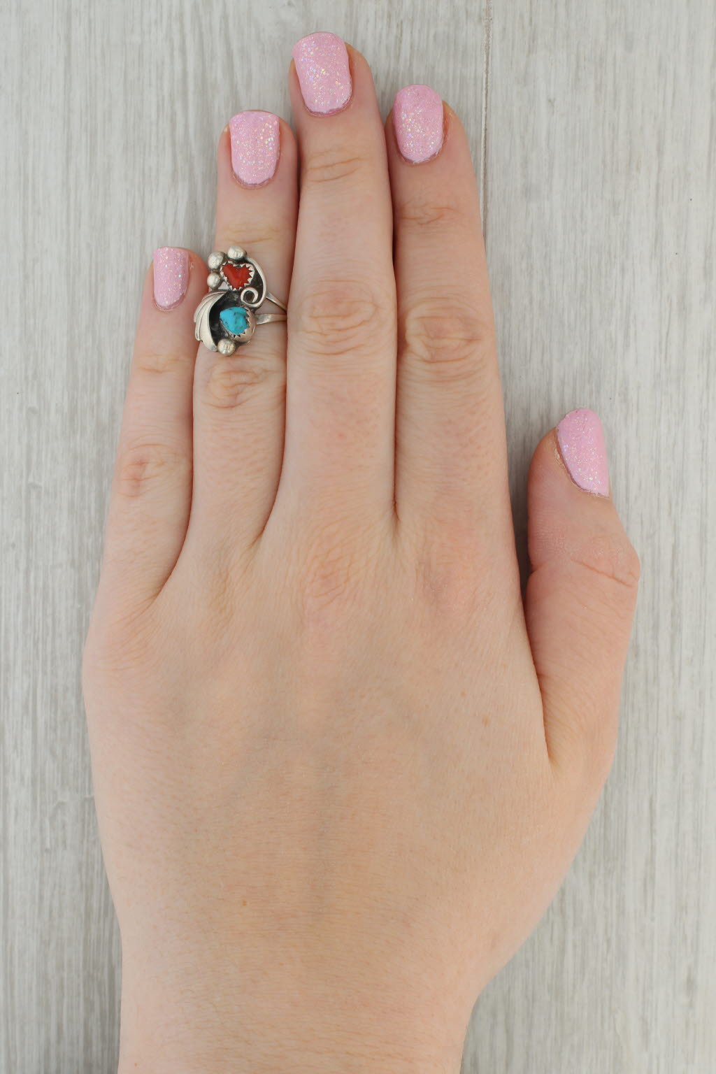 Dark Gray Vintage Native American Coral Turquoise Statement Ring Sterling Silver Size 4.5