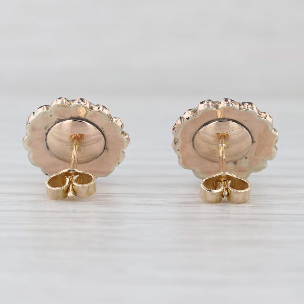 Vintage Garnet Button Flower Stud Earrings 10k Yellow Gold Studs